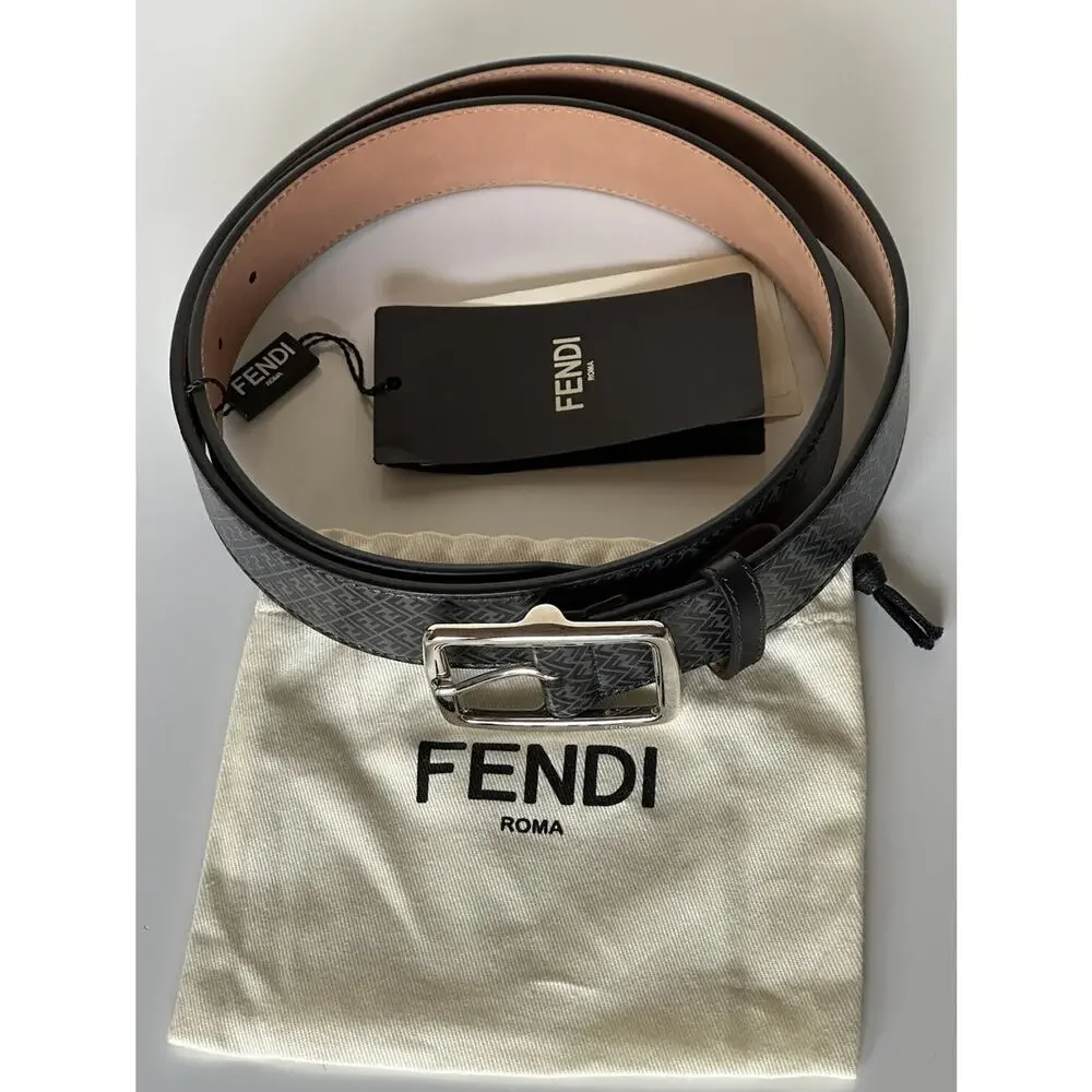 NWT $590 Fendi FF Logo Calf Leather Black/Grey Belt 110/44 Italy 7C0434